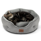 Bedsure round grey dog bed closeup of plush sherpa for cozy naps.