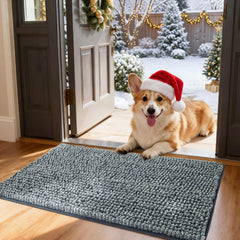 Bedsure dog door mat front view in gray traps mud and moisture at the doorway.