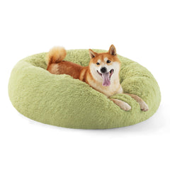 Bedsure donut bed round green front view showing plush fur for curling up