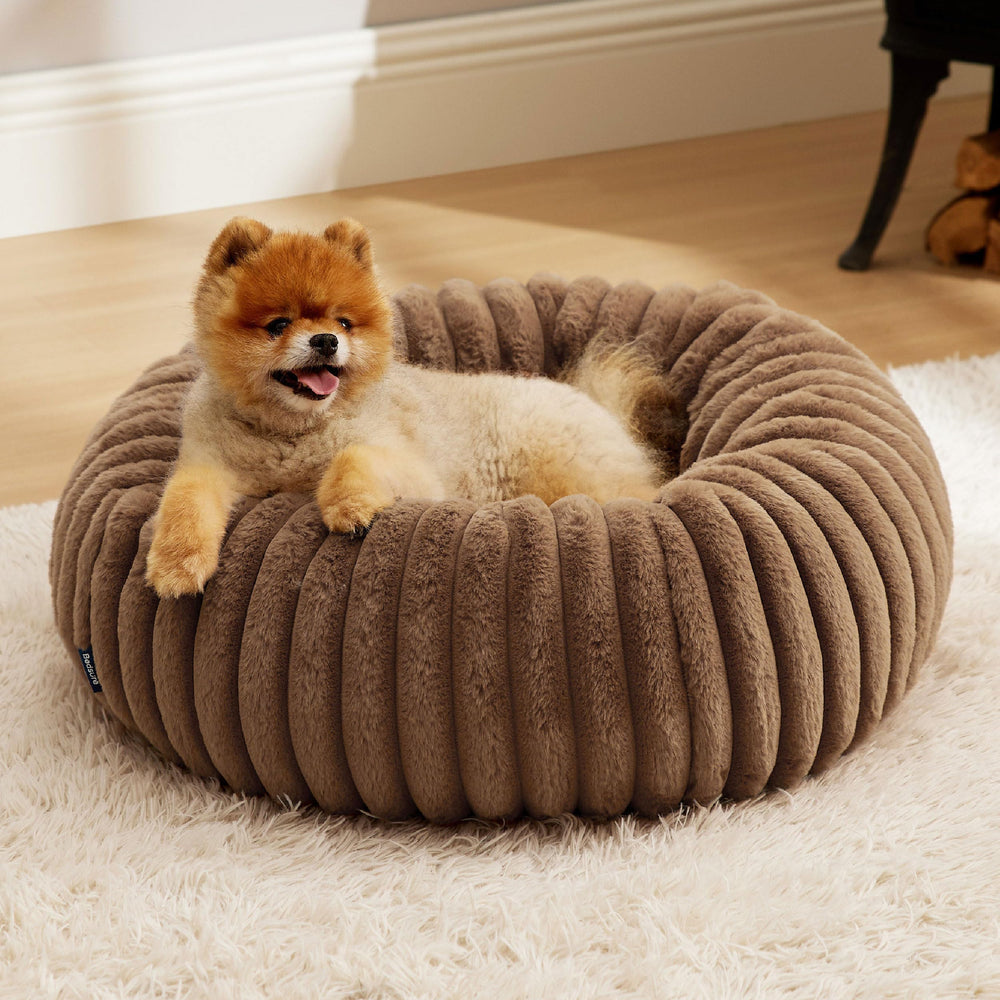 Bedsure donut dog bed camel side shot showing supportive rim for cozy naps.