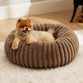 Bedsure donut dog bed camel side shot showing supportive rim for cozy naps.