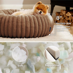 Bedsure donut dog bed camel top view highlighting circular shape and plush comfort.