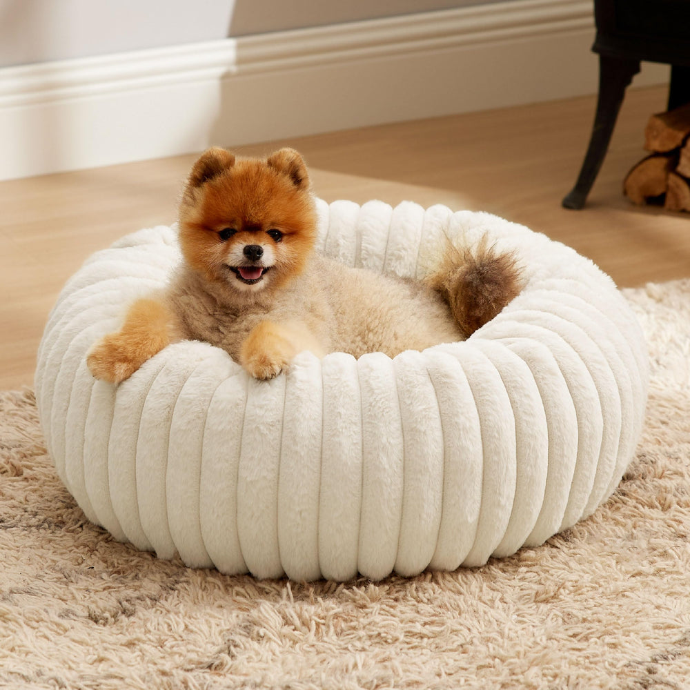 Bedsure donut dog bed front view in cream with plush faux fur for coziness