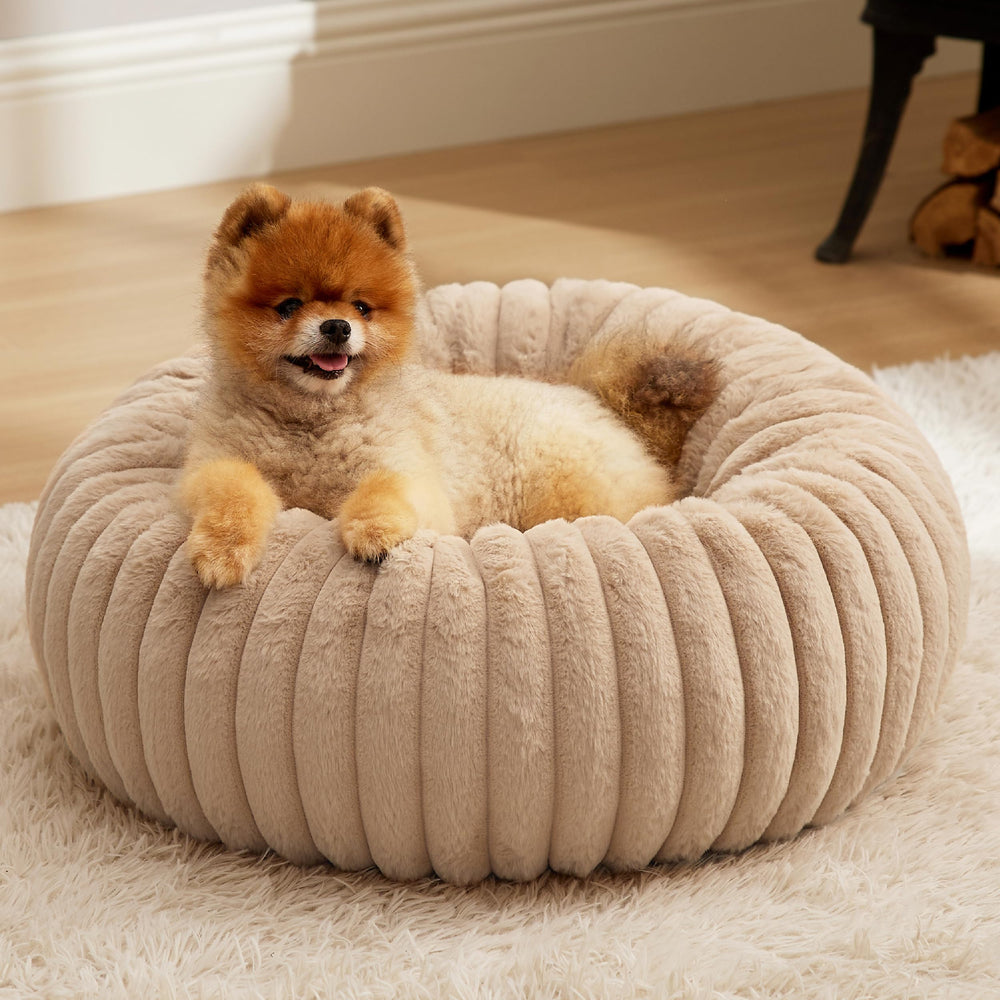Bedsure Donut Small Dog Bed faux fur close-up shows plush warmth for naps.
