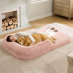 Bedsure foldable human dog bed in living room for cozy family lounging.