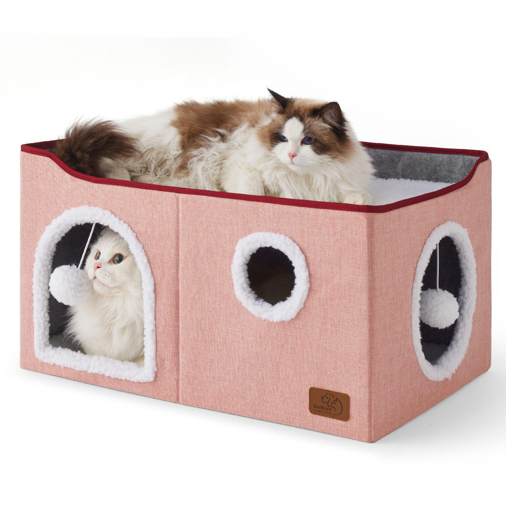 Bedsure large cat cube house pink front view showing cozy hideaway for indoor cats
