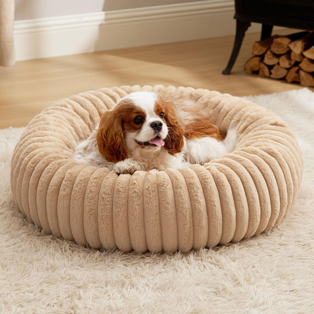 Bedsure medium dog bed round faux fur top view highlights plush warmth for cozy naps.
