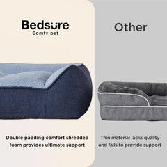 Bedsure orthopedic dog bed large blue headrest bolster demonstrates three-point neck support.