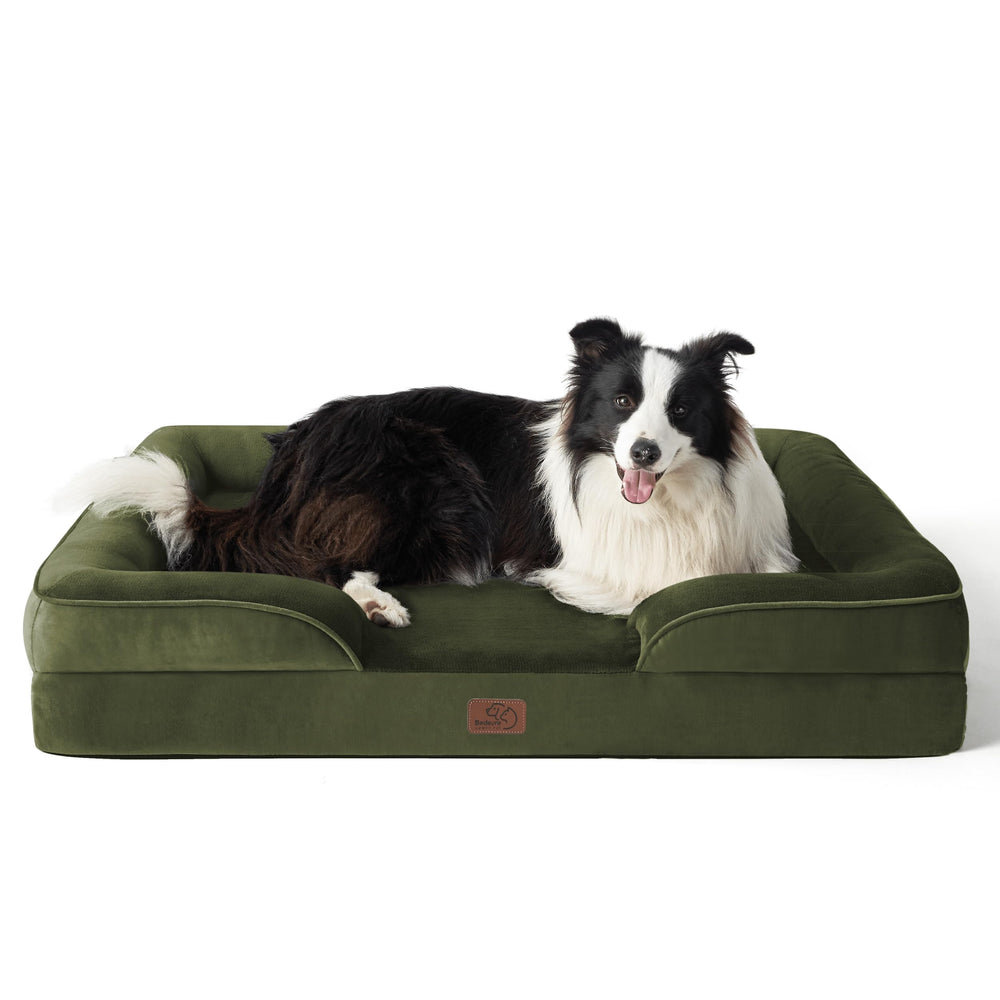 Bedsure orthopedic dog bed moss green top view shows plush comfort and sturdy design