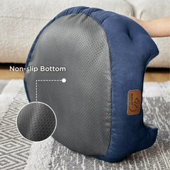 Bedsure round bed navy bolster close-up shows supportive headrest.