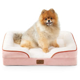 Bedsure small orthopedic dog bed in pink, front view showcasing supportive bolster for joint comfort.