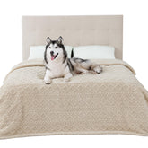 Bedsure waterproof dog blanket on a bed showing leakproof protection and comfort benefits.