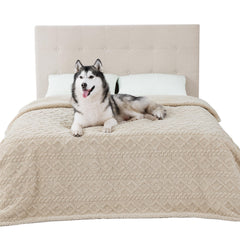 Bedsure waterproof dog blanket on a bed showing leakproof protection and comfort benefits.
