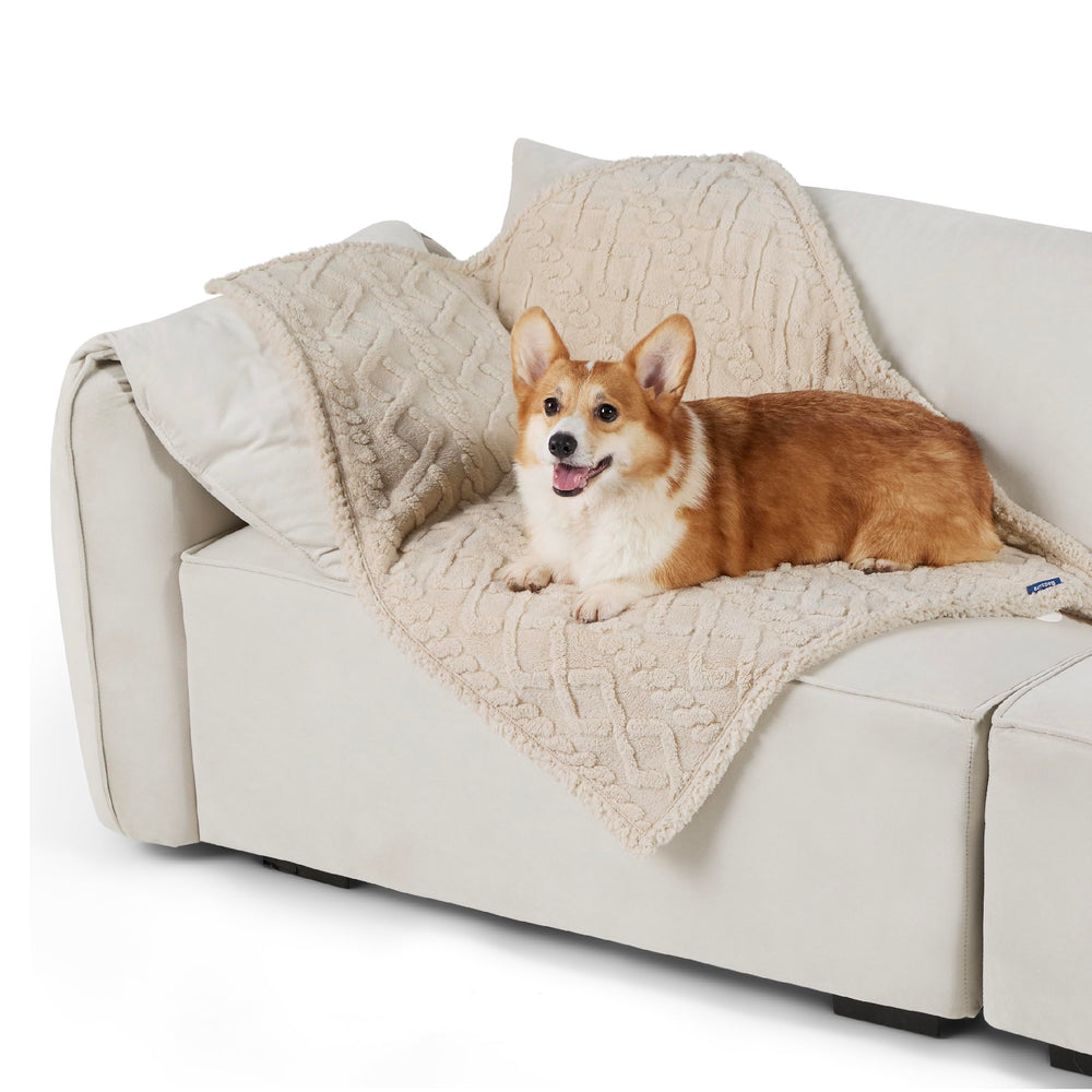 Bedsure waterproof dog blanket cream front view shows couch protection and dryness