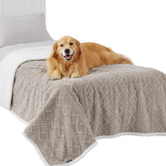 Bedsure waterproof dog blanket large-dogs-pale-oak on bed provides warm protective coverage.