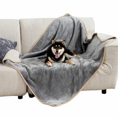 Bedsure waterproof dog blanket on sofa close-up shows couch protection against spills.