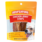 Beefeaters Chicken Jerky Strips package shows resealable freshness for easy storage.