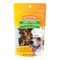 Beefeaters sweet potato wrapped with chicken front-pack shows tasty training rewards.