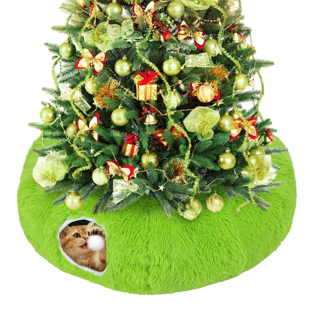 Beeplove Green Fluffy Cat Tunnel Skirt closeup highlights soft plush texture for cozy holiday fun.