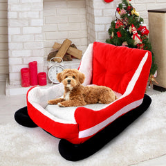 Beeveer Christmas Dog Bed Sleigh closeup showcases plush fur for cozy holiday lounging.