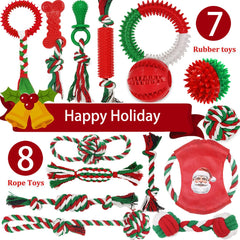 Beiker Christmas 15-pack unboxed set shows a mix of chew, rope, and squeak toys for interactive play.