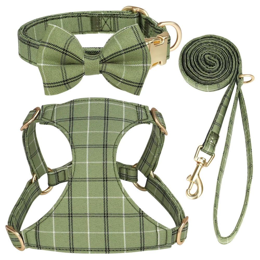 Beirui harness with bowtie in green plaid for stylish small dogs during walks