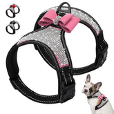 Beirui soft fleece padded dog harness front view with rhinestone bow for cute wear