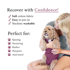 BellyGuard recovery suit protects stitches by covering wounds and deterring licking.
