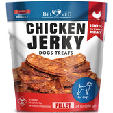 Beloved Pets Chicken Jerky packaging shows USA-made, protein-rich dog treats for training.