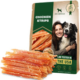 Beloved Pets chicken jerky strips packaging close-up highlighting human-grade ingredients for rewards