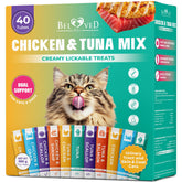 Beloved Pets creamy lickable treat tube offers tuna-chicken flavor for hydration and tasty nutrition.