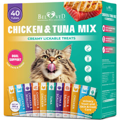 Beloved Pets creamy lickable treat tube offers tuna-chicken flavor for hydration and tasty nutrition.