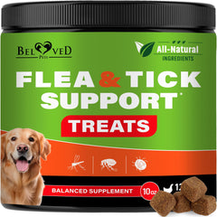 Beloved Pets dog chews chicken flavor packaging highlighting tasty flea prevention