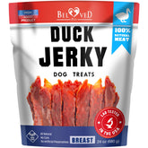 Beloved Pets Duck Jerky bag closeup—grain-free, high-protein treats ideal for training.