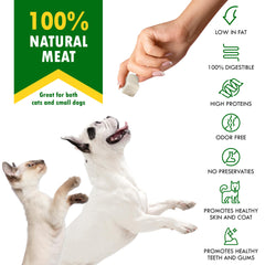 Beloved Pets freeze-dried chicken cubes on a serving tray ideal for training rewards.