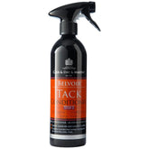 Belvoir Tack Conditioner Spray bottle applying moisture and glossy finish to leather.