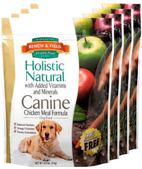 Bench & Field Holistic Natural adult dry dog food bag open highlights protein-rich nutrition for daily meals.