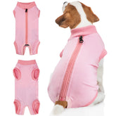 BENCMATE dog recovery suit pink front view, soft breathable fabric for comfortable wear