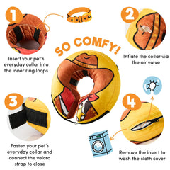 BENCMATE donut collar soft-recovery showcases post-surgery comfort with eating and drinking.