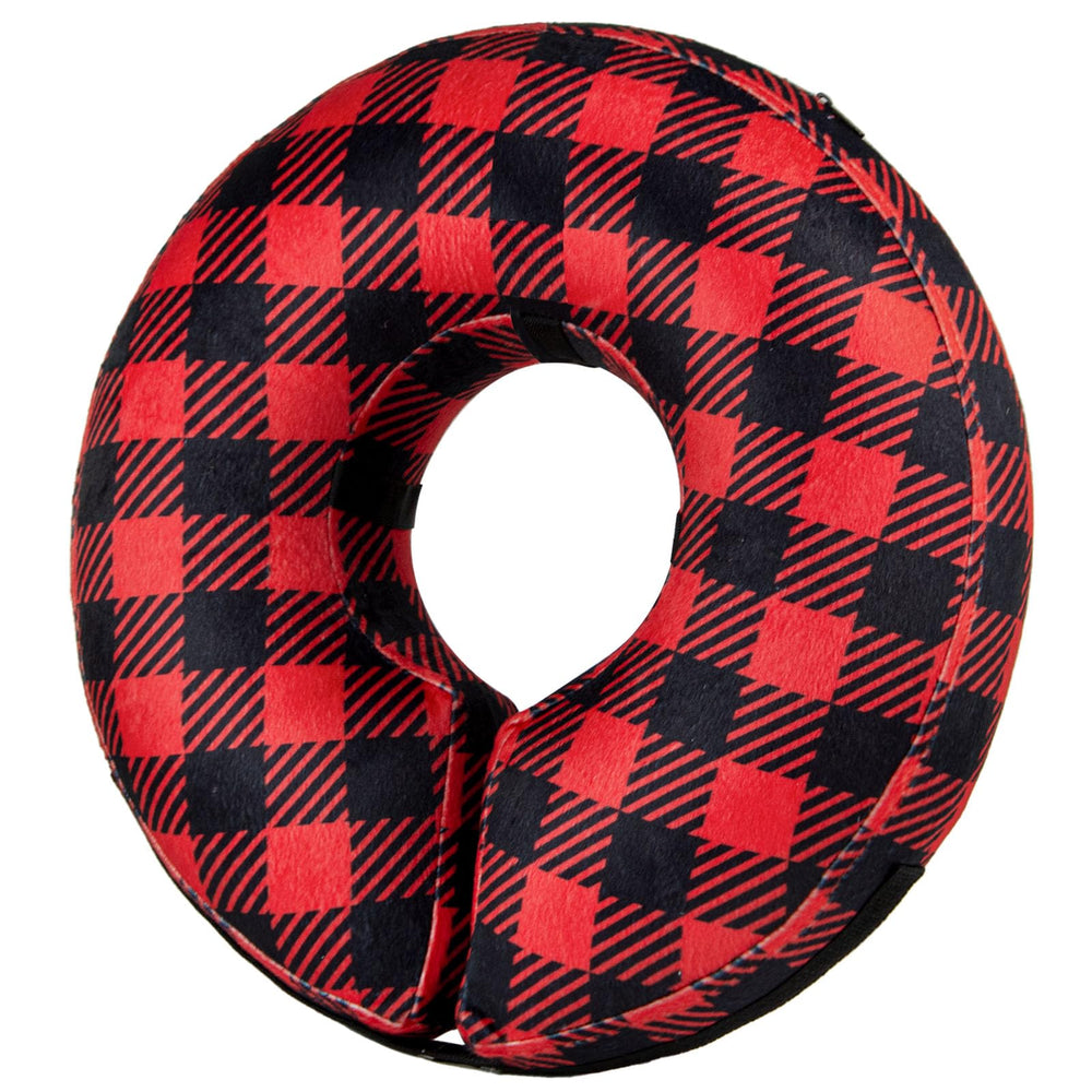 BENCMATE inflatable donut cone, large plaid, side view for comfortable recovery