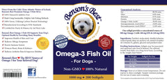Benson's Best omega-3 dog capsules packaging showing no fishy odor and easy-to-use softgels.