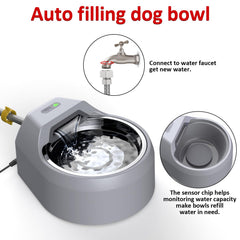 Bentopal dog fountain connected to garden tap for hands-free refilling.