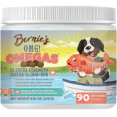 Bernie's OMG Omegas Chews bottle demonstrates convenient omega supplement for daily skin and coat support