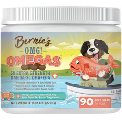 Bernie's OMG Omegas Chews bottle demonstrates convenient omega supplement for daily skin and coat support