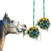 Besimple horse feeder ball hanging in stable blue promotes calm, interactive play.