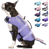 Bess Bridal dog life jacket mermaid design close-up with purple scales for stylish safety.