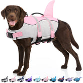 Bess Bridal dog life jacket pink shark M front view with buoyant fit for swimming.