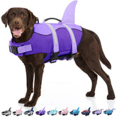 Bess Bridal dog life jacket shark-fin design boosts visibility during swimming.