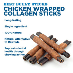 Best Bully Sticks chicken-wrapped collagen stick close-up highlights natural ingredients and texture for chewing pleasure.