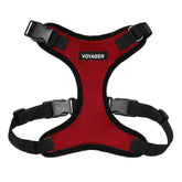 Best Pet Supplies Voyager Step-in Harness red close-up shows secure buckle and breathable mesh.
